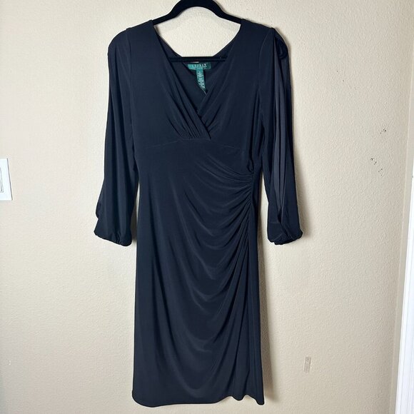 LAUREN RALPH LAUREN Black Long Sleeve Jersey Ruched Dress Size 6 - Picture 2 of 9